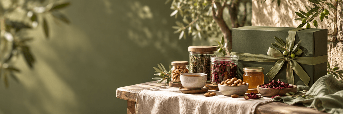 Hộp quà olive, trà và hạt trên bàn vải linen - ảnh concept