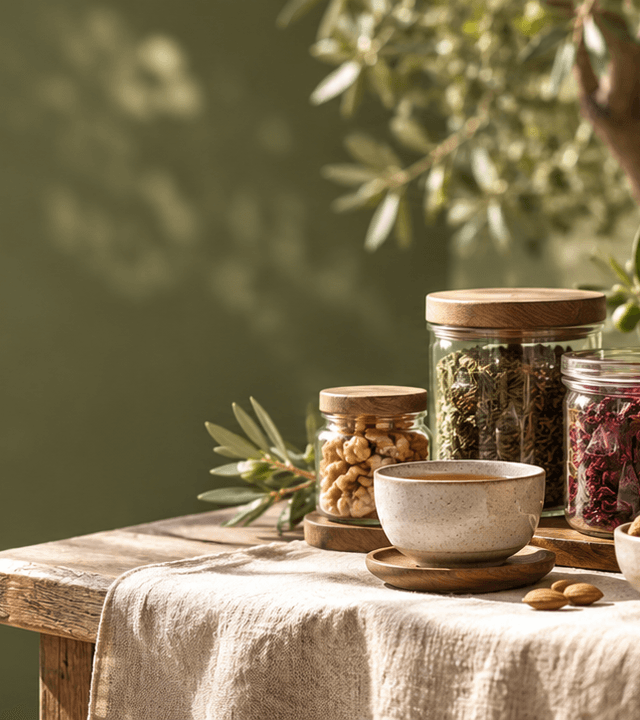 Hộp quà olive, trà và hạt trên bàn vải linen - ảnh concept